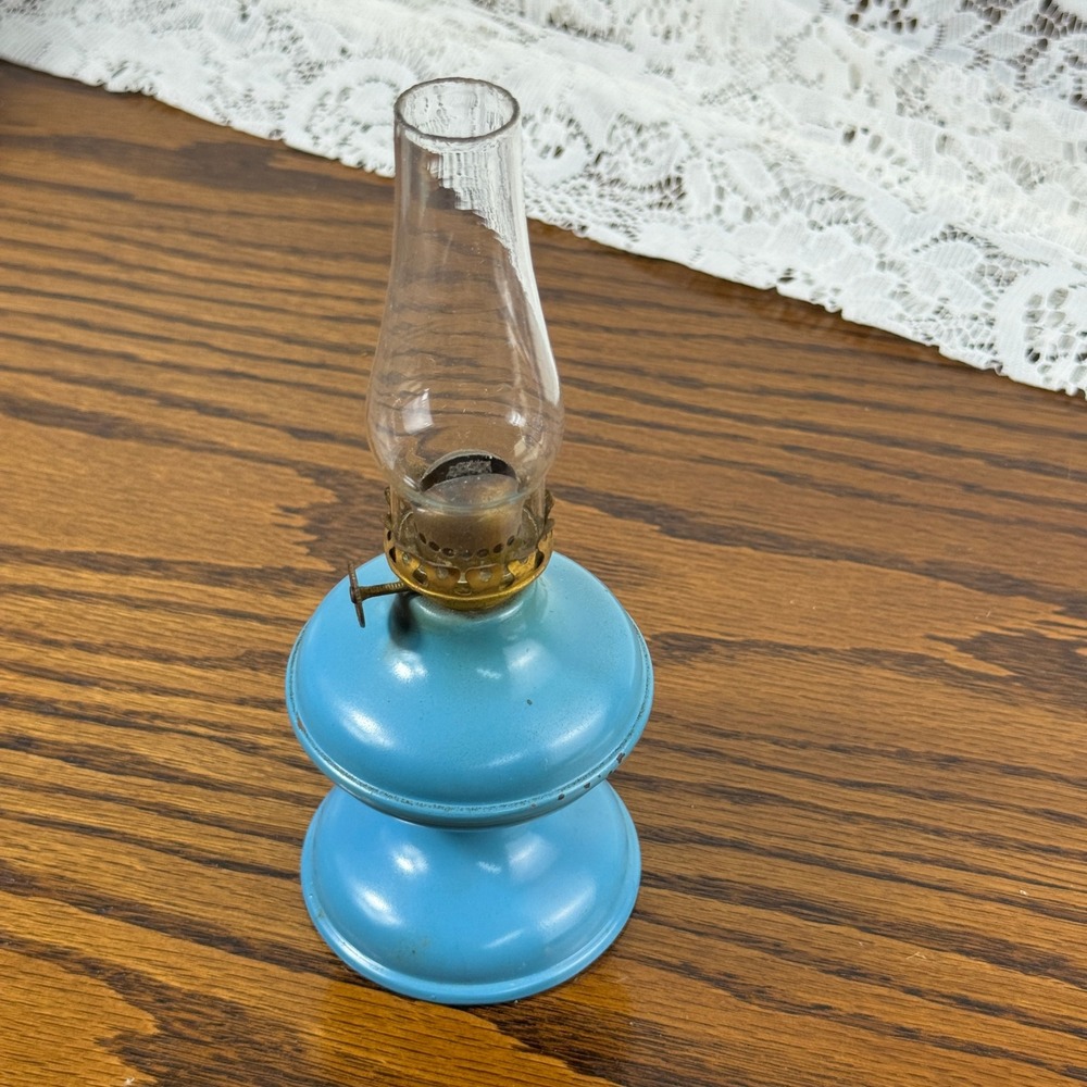 Vintage Miniature Turquoise Blue Metal Oil Lamp with Glass Chimney Farmhouse